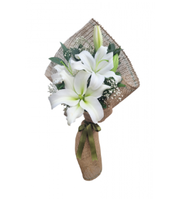 Jüt Kumaşta Beyaz Lilyum Buketi (3'lü -~40 cm)